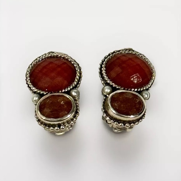 Stephen Dweck Sterling Silver Red Faceted Stone Drop Ear Clips 925 Sterling - Picture 1 of 5